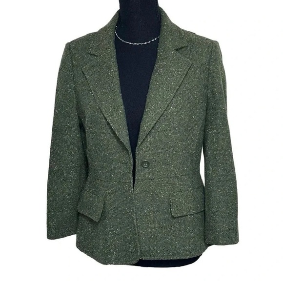 Daisy Fuentes‎ size 8 olive green tweed 1 button fitted blazer - Picture 1 of 9